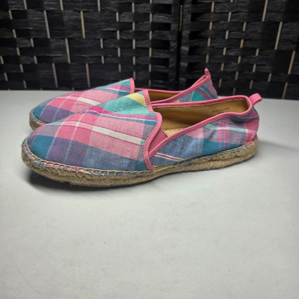 Talbots Womens Plaid Espadrille Flats Pink Blue Yellow Slip On Shoes Size 9.5M